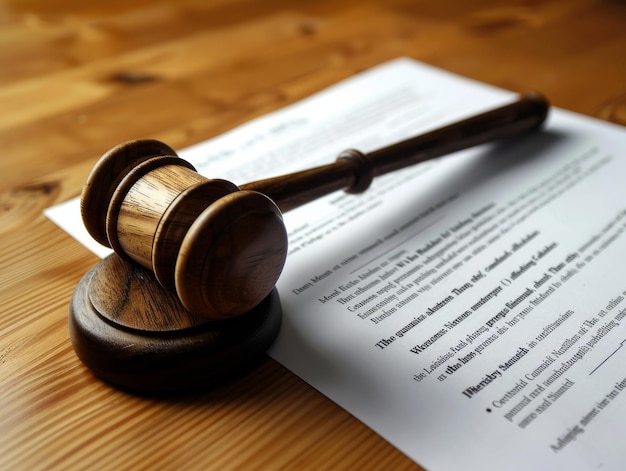 Photo a wooden gavel resting on a legal document on a wooden table