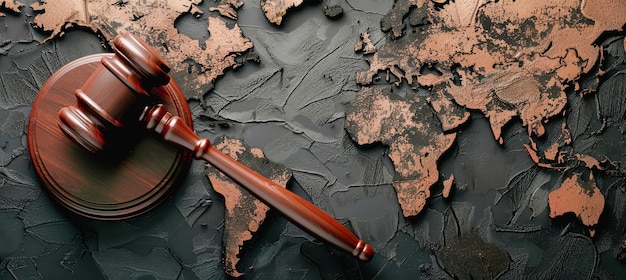 A wooden gavel rests on a black background with a coppercolored world map behind it symbolizing international law and justice