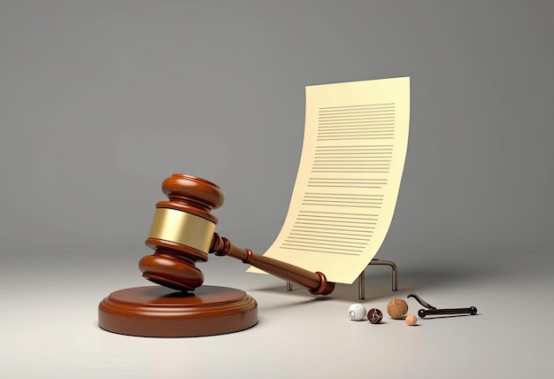 Photo a wooden gavel rests on a block a document lies open beside it and three small objects sit nearby