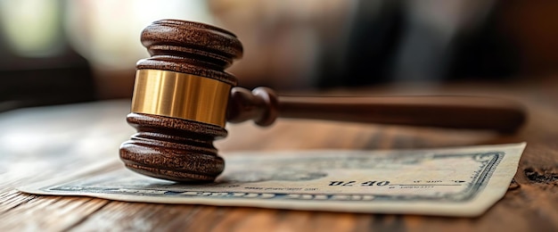 Photo a wooden gavel rests on a single dollar bill representing the concept of financial justice or legal disputes involving money