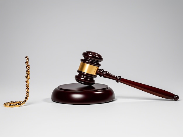 A wooden gavel on a table representing the legal system and judicial process on white background