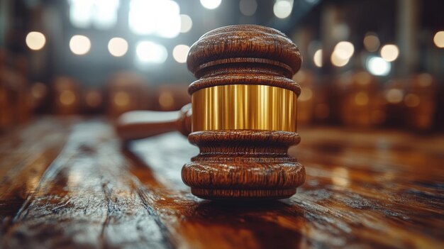 Photo a wooden gavel with a gold band lies on a wooden table in a courtroom setting