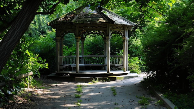 Photo a wooden gazebo sits in a quiet overgrown park the sunlight shines through the trees and creates a dappled pattern on the ground