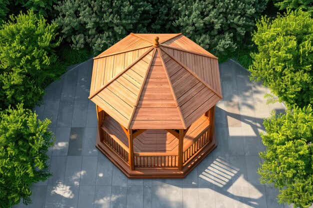 Photo wooden gazebo surrounded by lush greenery in a serene outdoor setting during daylight