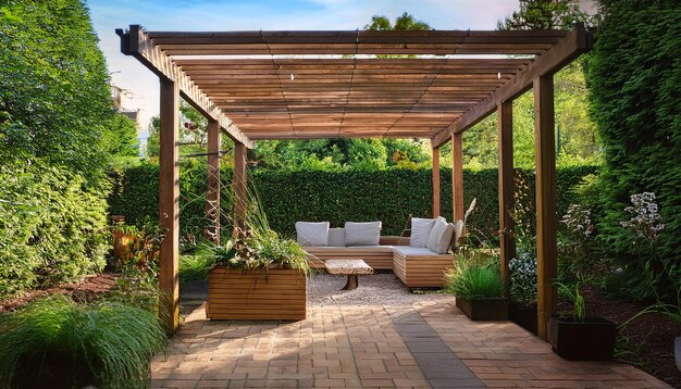 Photo a wooden gazebo with a wooden roof and a bench with a bench and a bench