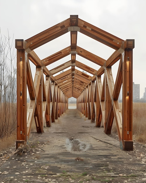 Photo wooden geometric bridge structure in a rural environment