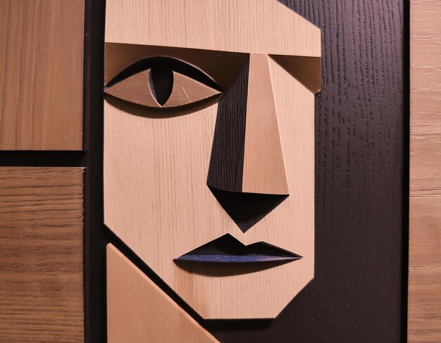 Photo wooden geometric face sculpture on a wall