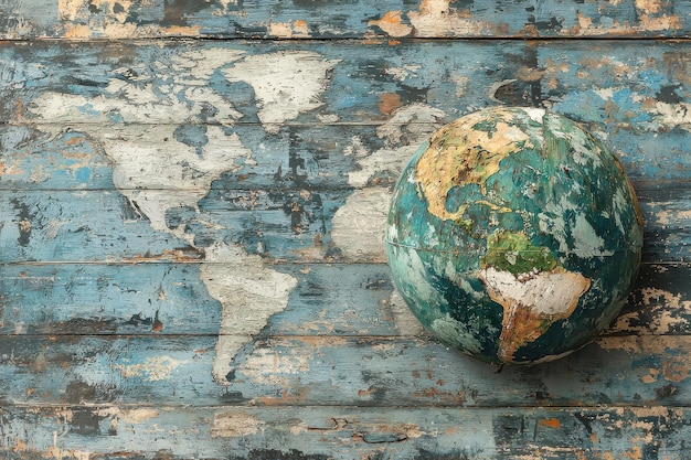 Photo wooden globe of planet earth on rustic background