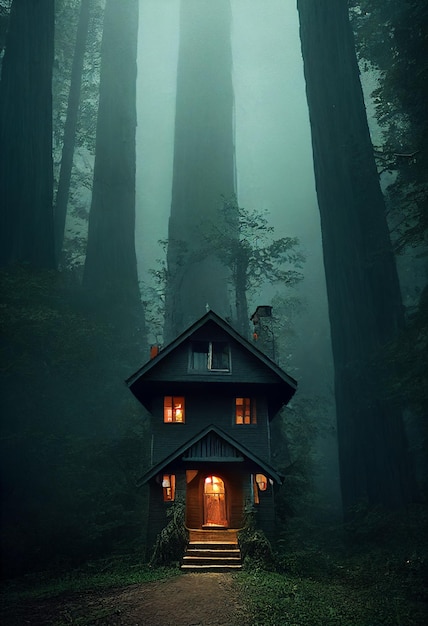 Wooden gnome house in the middle of a forest