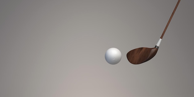 Wooden golf club and a golf ball isolated on a gray background with a copy space