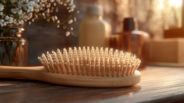 Wooden hairbrush with natural bristles placed on a vanity soft ambient lighting natural and ecofriendly atmosphere