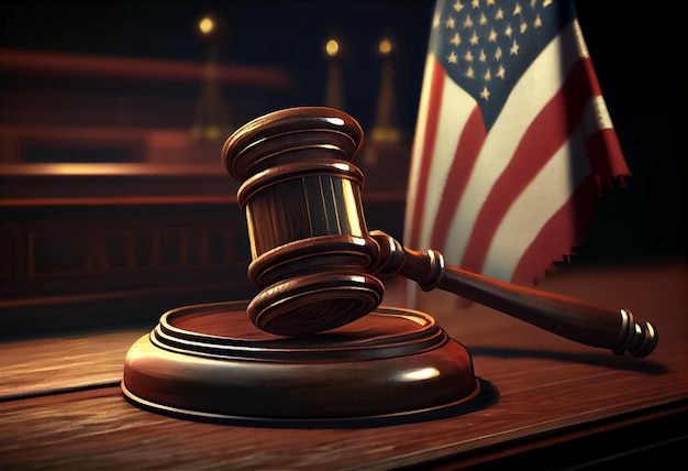 Wooden hammer closeup in the courtroom against of american flag AI