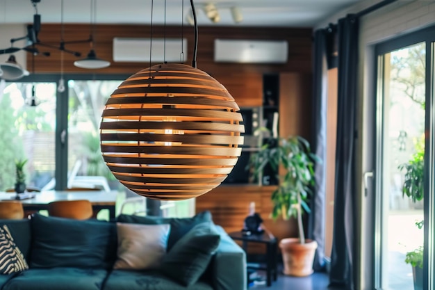 Photo a wooden hanging lamp in a living room