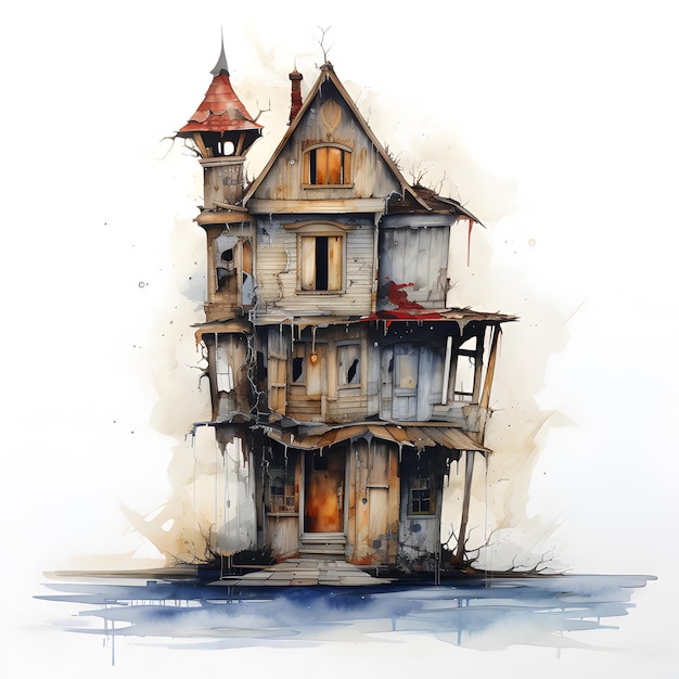 Wooden Haunted house watercolor