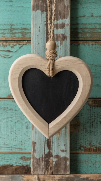 Photo wooden heart frame hangs against weathered turquoise background inviting creative touch