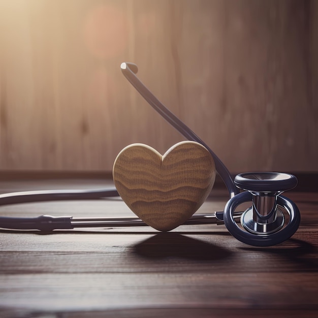 A wooden heart on a table with a stethoscope and a blurred background World Health Day