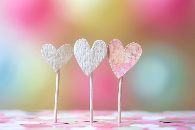 Wooden hearts on a colorful bokeh background love concept