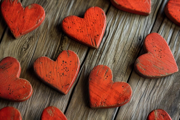 Wooden hearts on old wooden background Valentines day concept