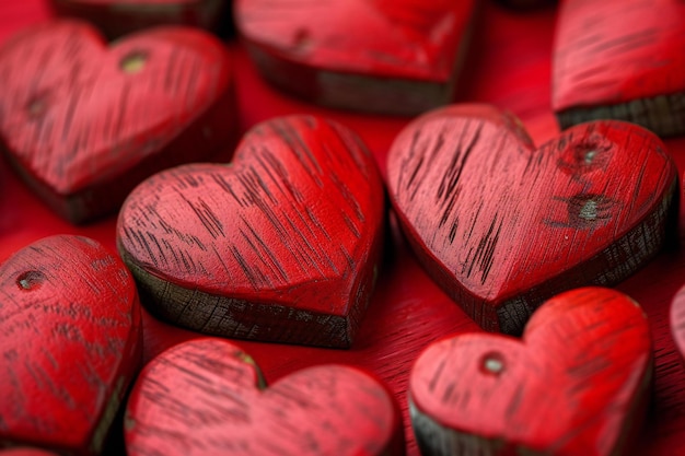 Wooden hearts on a red background Valentines Day background