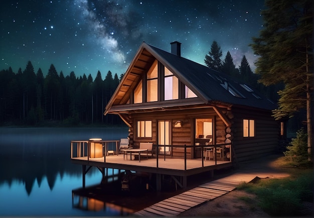 a wooden house on the bank of a river surrounded by a forest and against a beautiful night sky