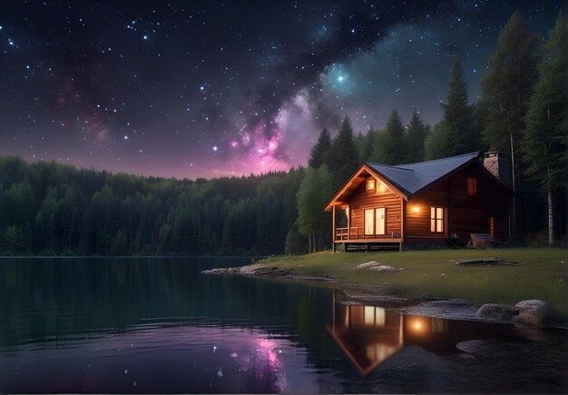 a wooden house on the bank of a river surrounded by a forest and against a beautiful night sky