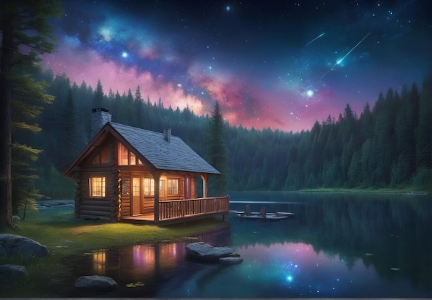 a wooden house on the bank of a river surrounded by a forest and against a beautiful night sky