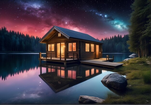 a wooden house on the bank of a river surrounded by a forest and against a beautiful night sky