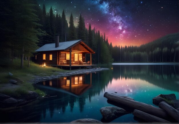 a wooden house on the bank of a river surrounded by a forest and against a beautiful night sky