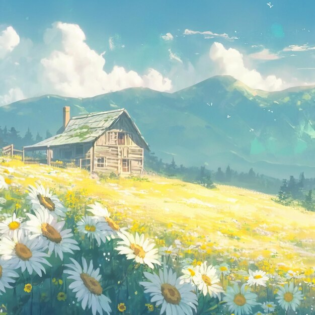 A wooden house in a clearing among daisies