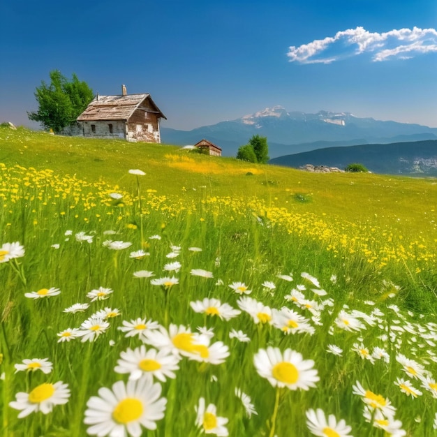 A wooden house in a clearing among daisies