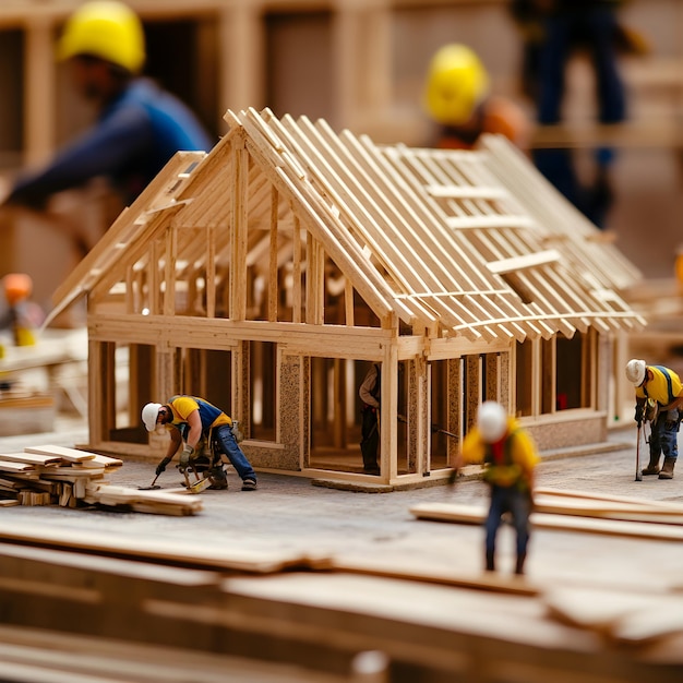 Photo wooden house in construction site with workers on background building concept