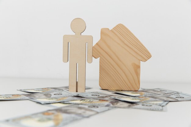 Wooden house and figure of person.