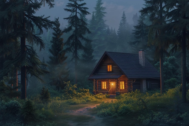 Wooden house in the forest at night Beautiful summer landscape with AI generated