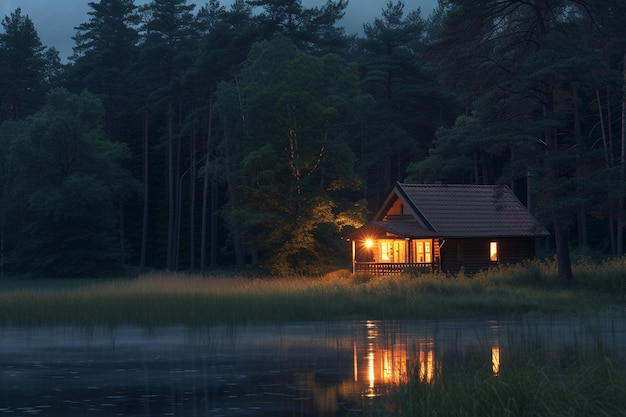 Wooden house in the forest at night Beautiful summer landscape with AI generated