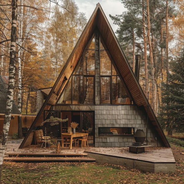 Photo wooden house in the forest with a fireplace and a chimney