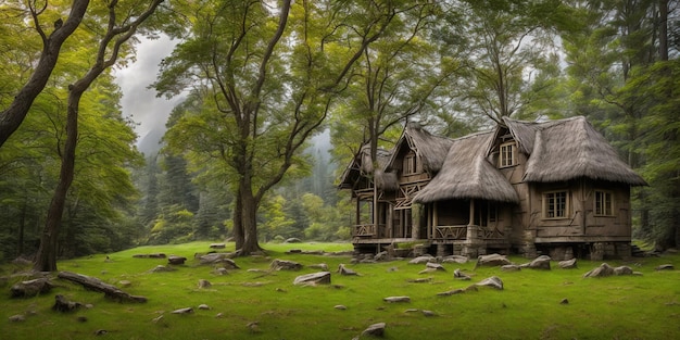 A wooden house in a forest with trees and grass.