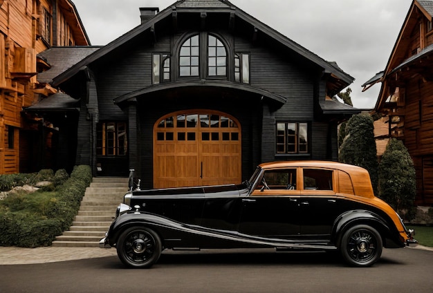 wooden house in front of black rolls Royce