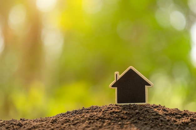 Wooden house growing in soil on green nature blur background. Home business grow up concept