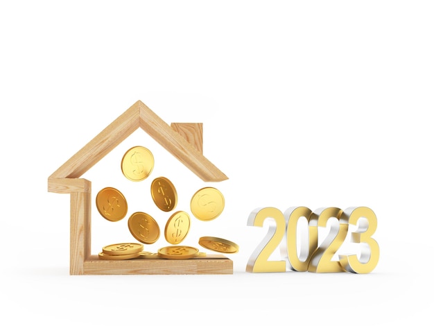 Wooden house icon with coins and number New Year.