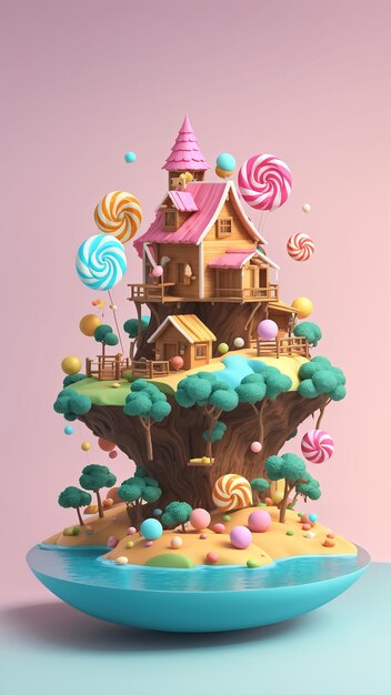 Wooden House On An Island With Lollipops 3D Rendering