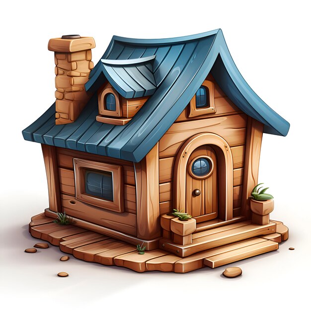 Photo wooden house isolated on white background cartoon style illustration