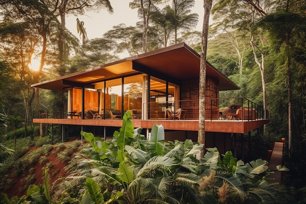 A wooden house in the jungle with a large roof and a large window.