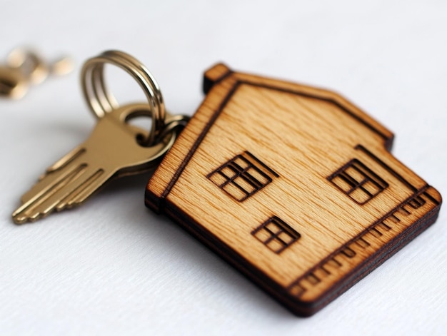 Photo wooden house keychain on white background