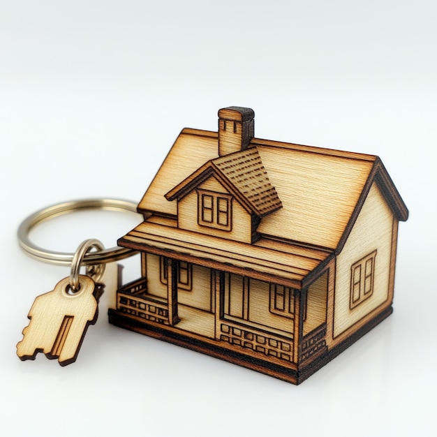 Photo wooden house keychain on white background