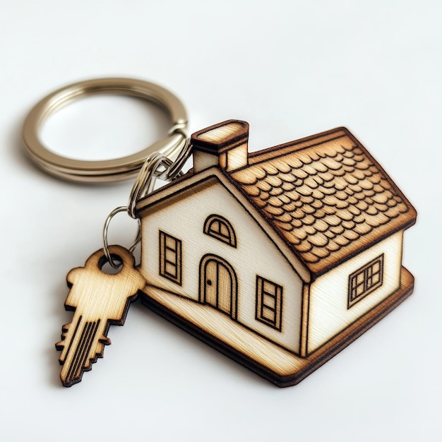 Photo wooden house keychain on white background