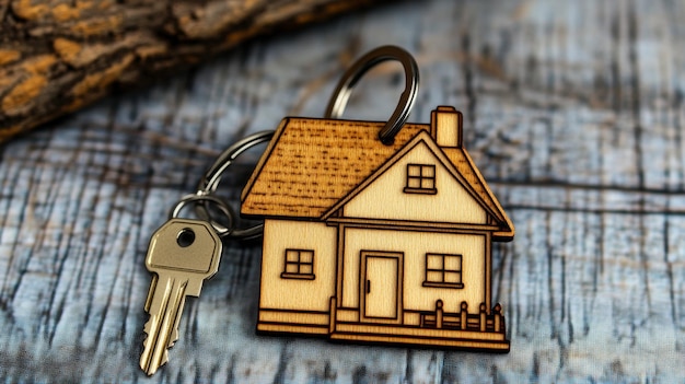 Photo wooden house keychain on white background