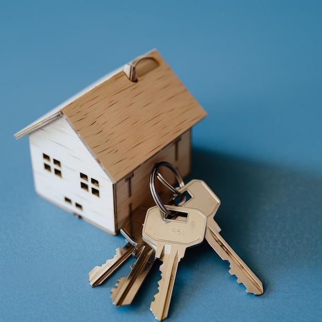 Photo a wooden house keychain with three keys signifying home ownership or real estate