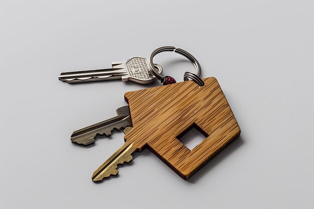 Photo wooden house keys on a gray background