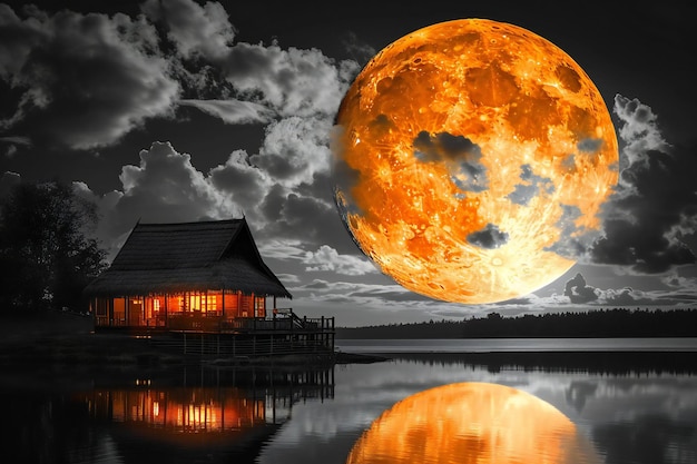 Wooden house on a lake with a full moon in the background