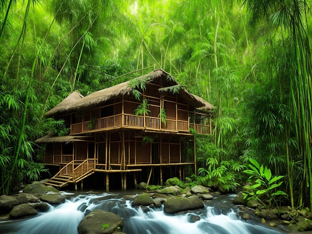 Wooden house made of bamboo in the jungle by the river